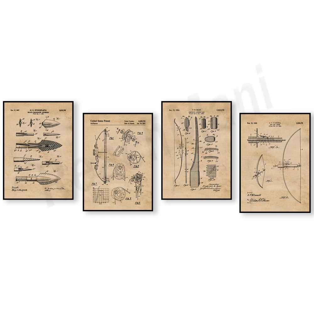 Outdoor Hunting Paintings - Vintage pijl en boog patent print,