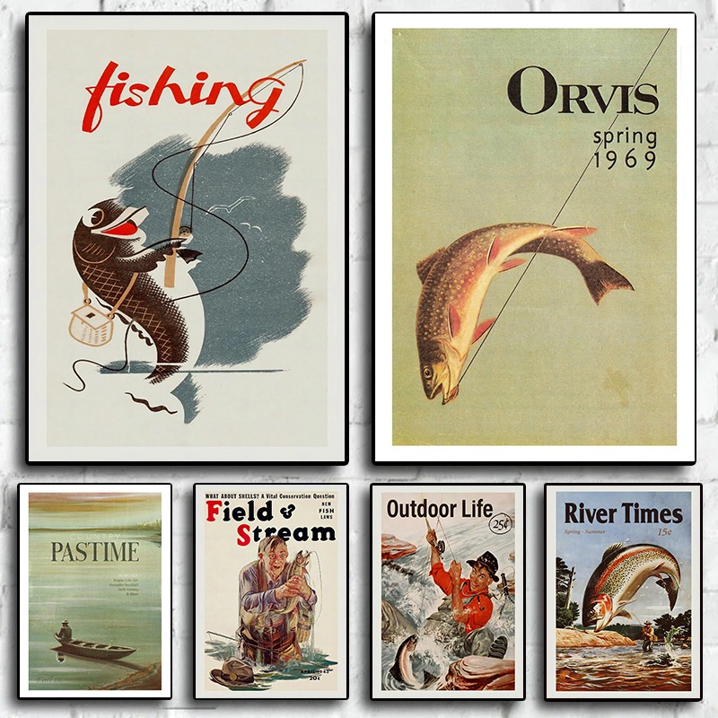 Outdoor Hunting Paintings - Vintage vliegvissen canvas print retro reizen